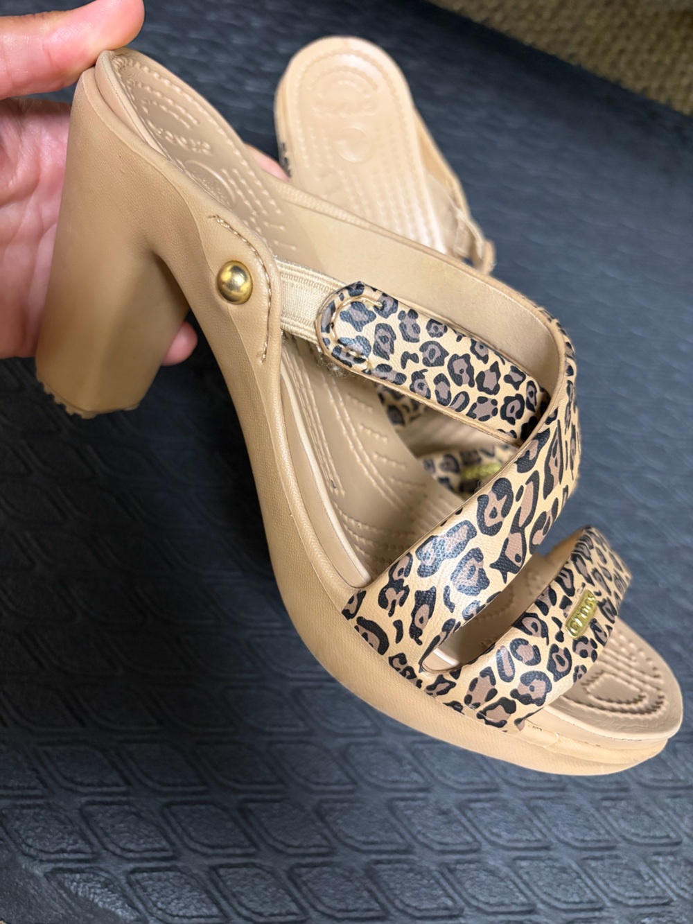 CROCS Tan Leopard Print High Heel Sandals
